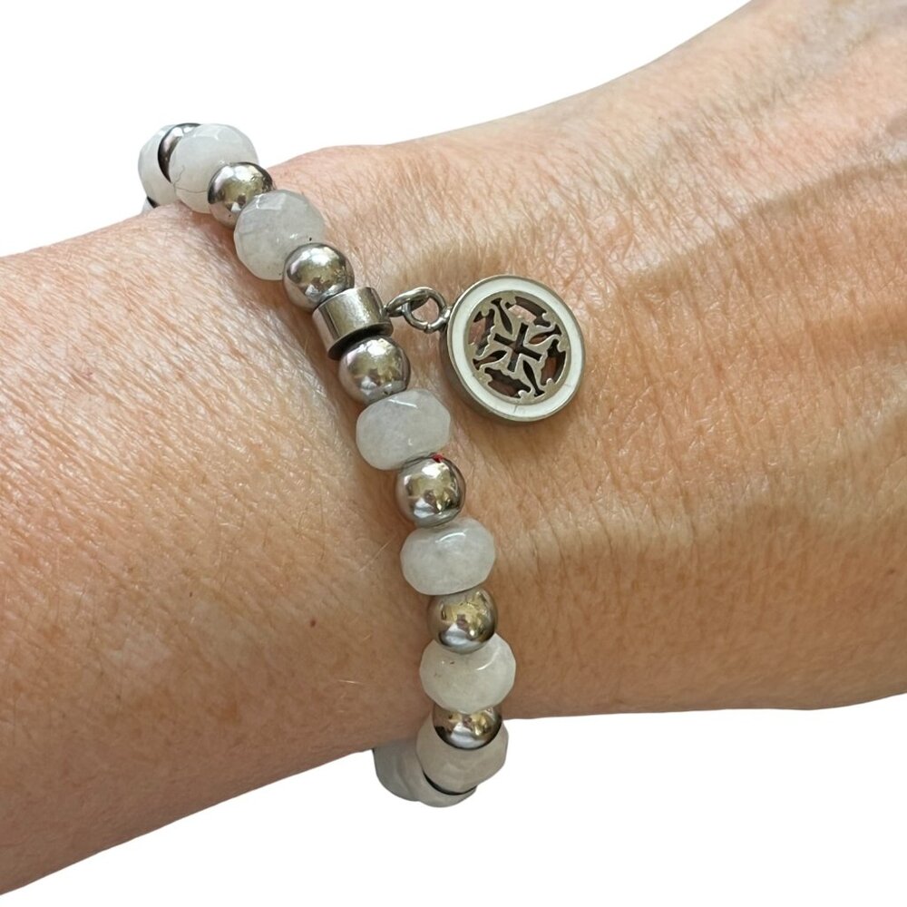Rustic Cuff Translucent White Natural Faceted Stone Logo Stretch Bracelet